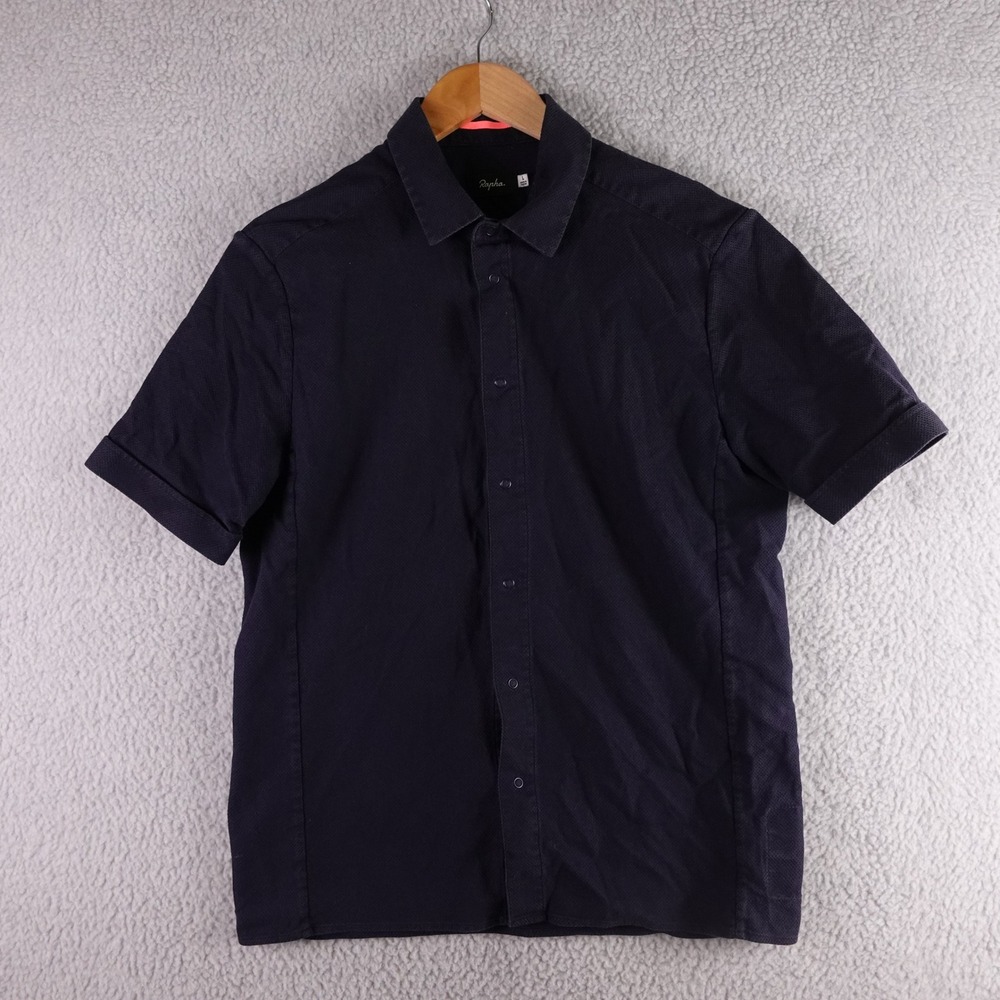 Rapha Mens Short Sleeve Button Up Cycling Shirt Navy Blue Large Textured